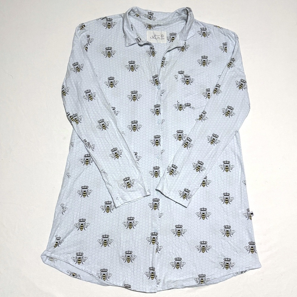 The Cat's Pajamas Nightshirt Womens L Blue Queen Bee Honeycomb Sleepwear Cozy